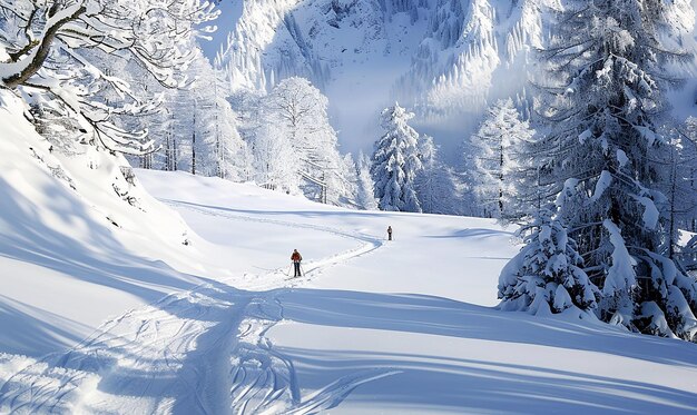 a snowy mountain slope with a skier and trees in the background