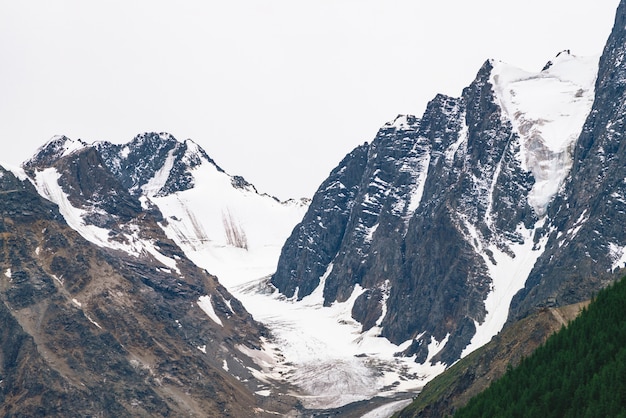 Snowy mountain top behind hill with forest under cloudy sky. Rocky ridge in overcast weather. White snow on glacier. Atmospheric landscape of majestic nature.