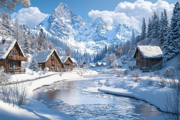 Photo a snowy mountain village with quaint houses and serene river view