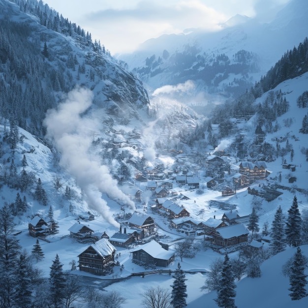 Photo snowy mountain village with smoke rising from chimneys