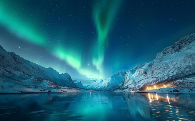 a snowy mountain with the aurora borealis above it