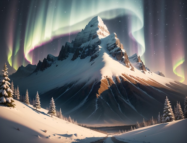 A snowy mountain with the aurora borealis above it