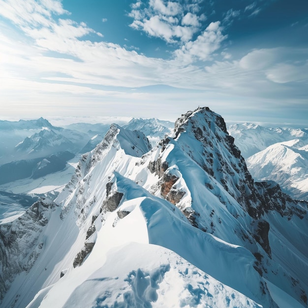 a snowy mountain with a blue sky and clouds in the background