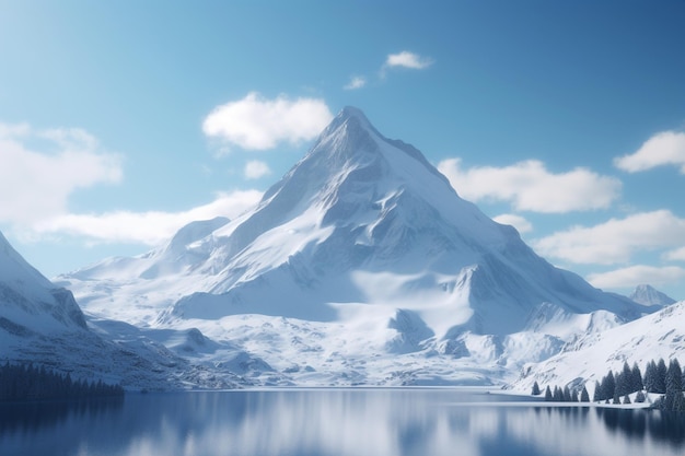 A snowy mountain with a blue sky and clouds