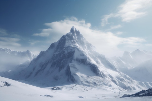 A snowy mountain with a blue sky and clouds