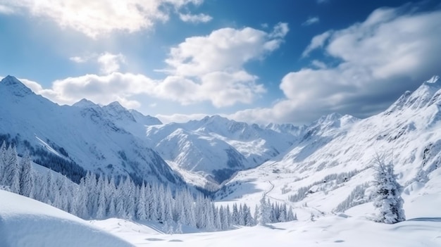 A snowy mountain with a blue sky and a snowy mountain in the background.