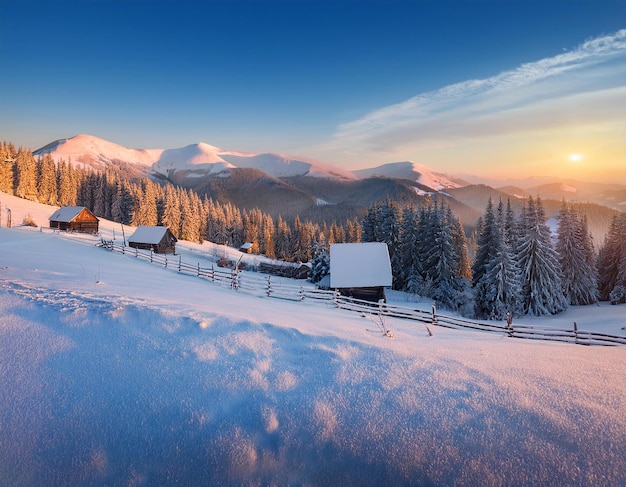 a snowy mountain with a cabin in the background and a fence with snow covered mountains in the background