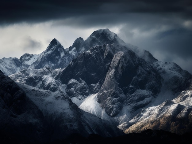 A snowy mountain with a dark sky and snow on the top