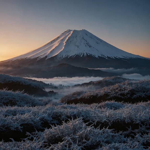 a snowy mountain with a frosty top and a few trees with a snow covered mountain in the background