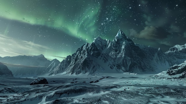 Snowy mountain with green aurora light