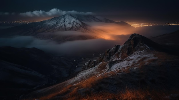 A snowy mountain with a light on it