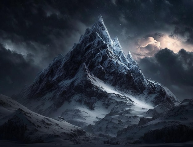 A snowy mountain with a light on it