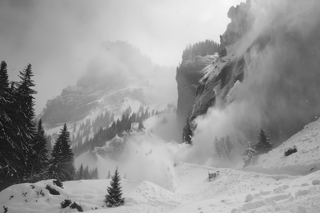 Photo a snowy mountain with a lot of trees and a bench