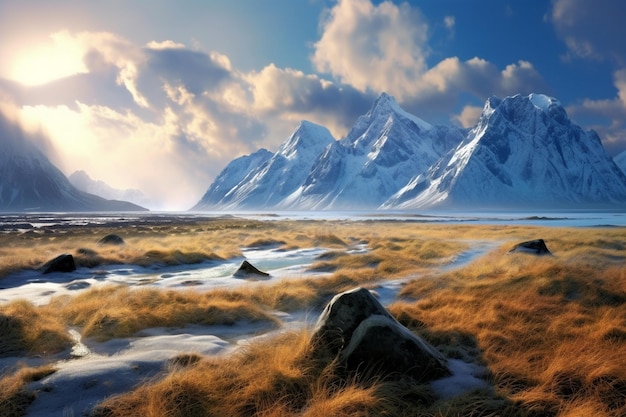 a snowy mountain with a mountain in the background