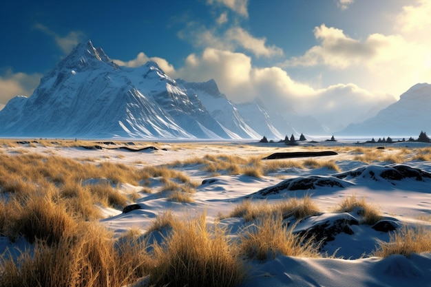 a snowy mountain with snow on it and a blue sky with clouds