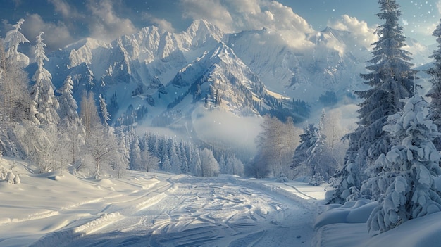 a snowy mountain with trees and snow on the side