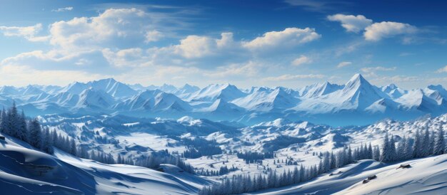 Snowy mountains under blue sky with clouds