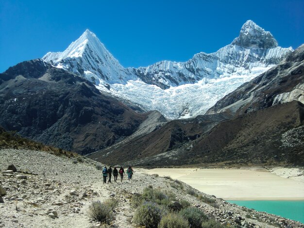 Snowy mountains and crystal clear lake in the Peruvian Andes