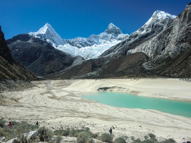 Snowy mountains and crystal clear lake in the Peruvian Andes