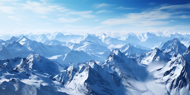 Snowy mountains landscape with lake and blue sky 3d rendering