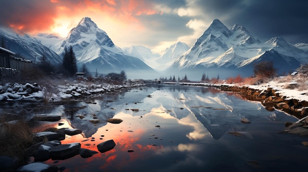 Snowy mountains reflected in the lake