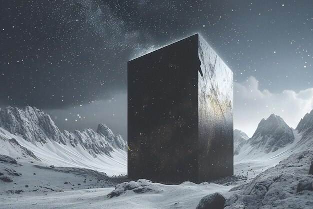 Snowy mountains surrounding a symmetrical ancient black and white cube emitting light under a starr