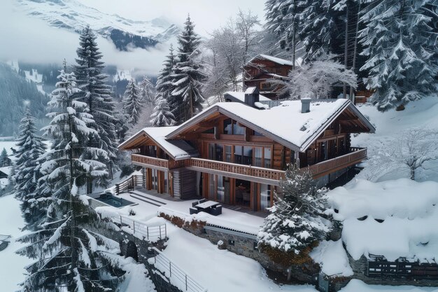 Photo snowy mountaintop chalet with swimming pool and mountain views