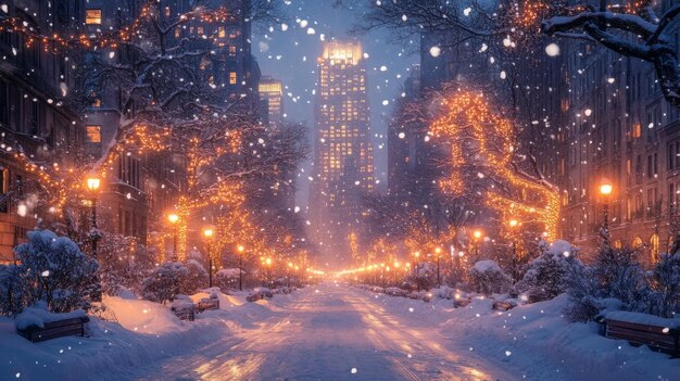 Photo snowy night in a city park with holiday lights