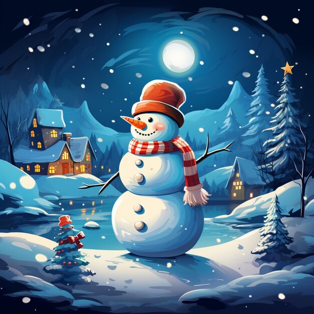 snowy night scene with a snowman and a little boy generative ai