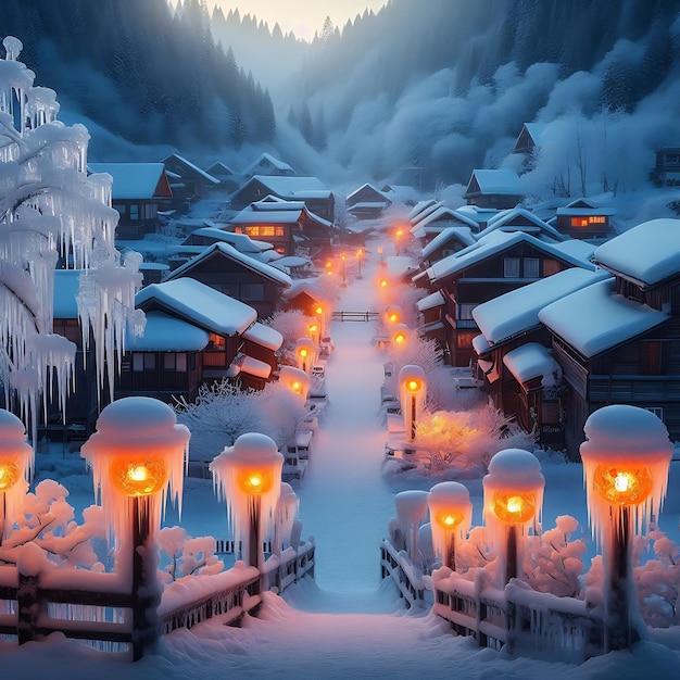 a snowy night scene with a street scene with a snow covered village