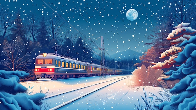 Photo snowy night scene with a train coming down the tracks generative ai