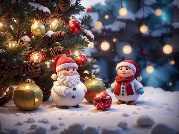 The snowy outdoor Christmas tree is decorated with many ornament