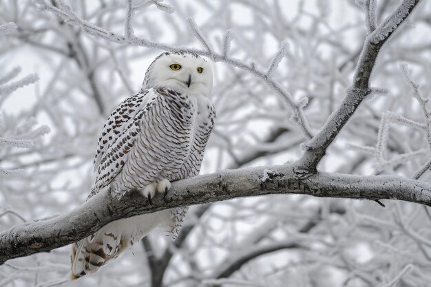 Photo a snowy owl is perched stoically on a tree branch showcasing its majestic white feathers against the wintry backdrop a snowy owl perched on a frosty tree limb ai generated