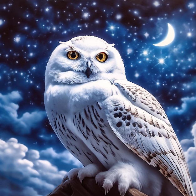 Snowy owl on night sky background with moon and stars