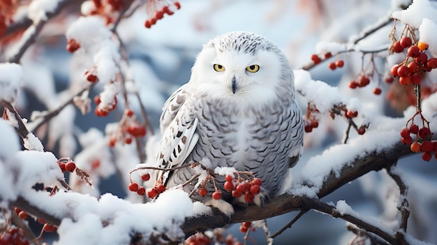 Snowy owl perched on branch looking at camera in winter