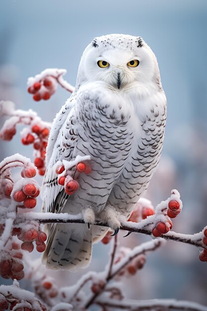 Snowy owl perched on a frost covered branch