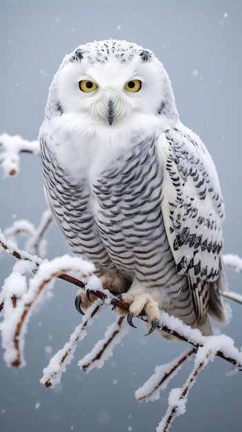 Snowy owl perched on a frost covered branch