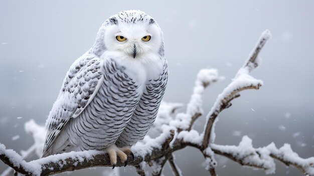 Snowy owl perched on a frost covered branch