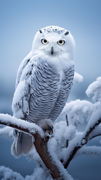 Snowy owl perched on a frost covered branch