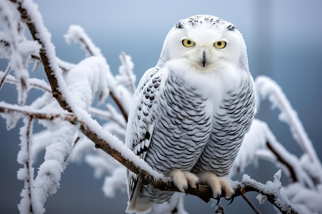 Snowy owl perched on a frost covered branch