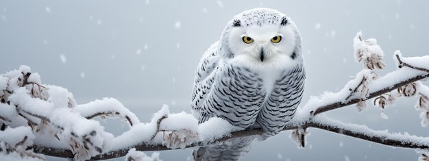 Snowy owl perched on a frost covered branch