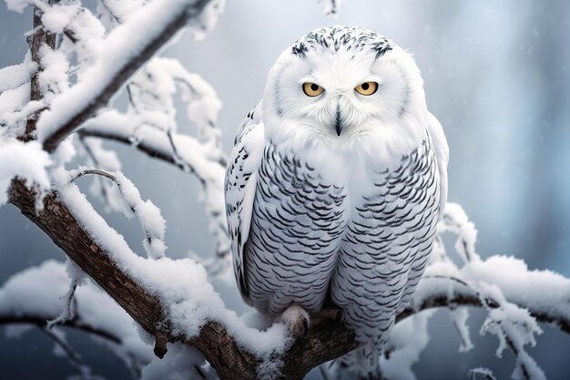 Snowy owl perched on a frost covered branch