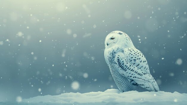 Photo snowy owl perched quietly in a snowy landscape during a gentle snowfall at dusk