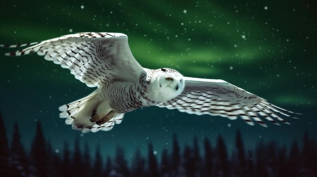 A Snowy Owl Soaring Through the Starry Night Generative AI