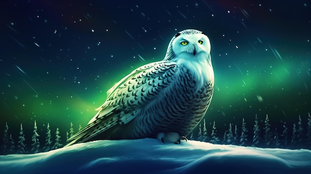 A Snowy Owl Soaring Through the Starry Night Generative AI