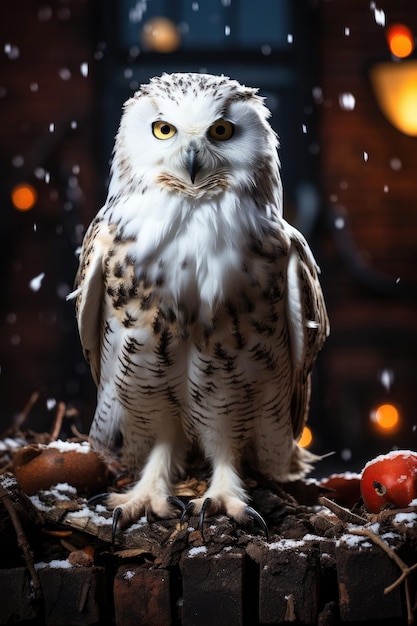 snowy owls alighting on red brick walls white flower