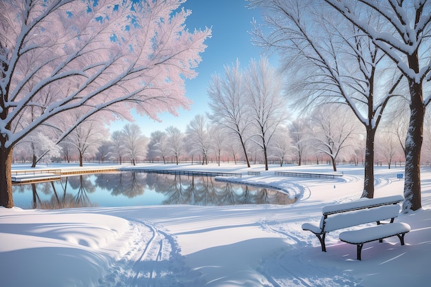 A snowy park with a pond and a snow covered park bench.