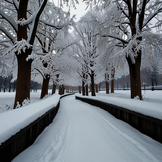 Photo a snowy path is covered in snow and the trees are covered in snow