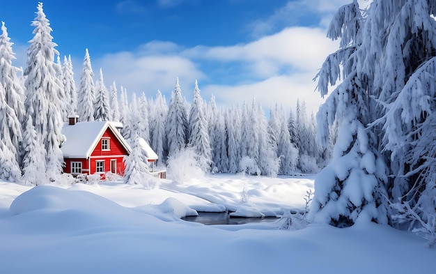 Snowy path to a rustic house in a winter forest privacy and country vacation concept