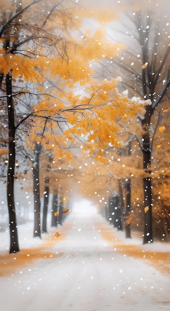 Snowy Path Through Golden Trees